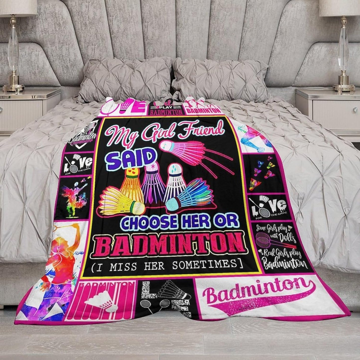 Pink Badminton Blanket Badminton Gifts for Girlfriend Boyfriend Badminton Throw Blanket BD0045