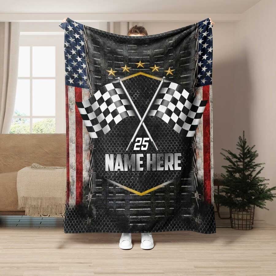 Customized Racer Blanket, Checkered US Flag Racing Dirt Track Racing Blanket Team Gift BD0090