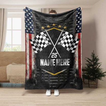 Customized Racer Blanket, Checkered US Flag Racing Dirt Track Racing Blanket Team Gift BD0090