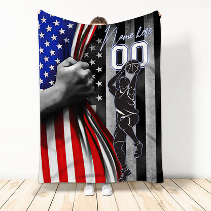 American Flag Custom Text Name And Number Basketball Fleece Blanket for Him BD0010
