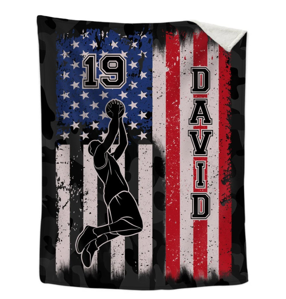 Basketball American Flag Throw Blanket Gift for Son Basketball Fleece Sherpa Blanket BD0076