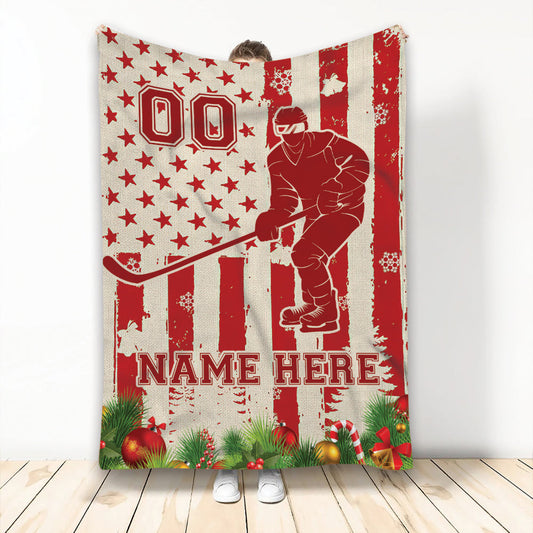 Personalized Hockey Christmas Blanket, Ice Hockey and US Flag Fleece Blanket, Hockey Team Gift for Son, Husband BD0077