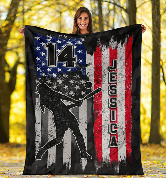 Personalized Softball Girl Blanket, Gift for Daughter Softball Lovers US Flag Sherpa Fleece Blanket BD0081