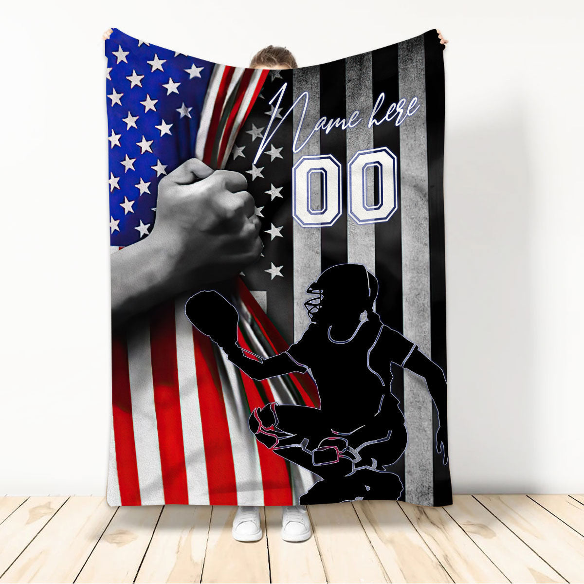 Personalized Softball Girl Blanket, Gift for Daughter Softball Lovers US Flag Sherpa Fleece Blanket BD0081