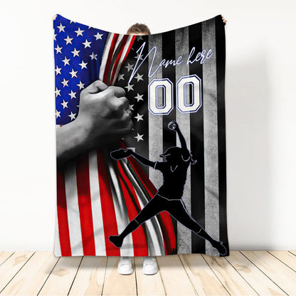 Personalized Softball Girl Blanket, Gift for Daughter Softball Lovers US Flag Sherpa Fleece Blanket BD0081