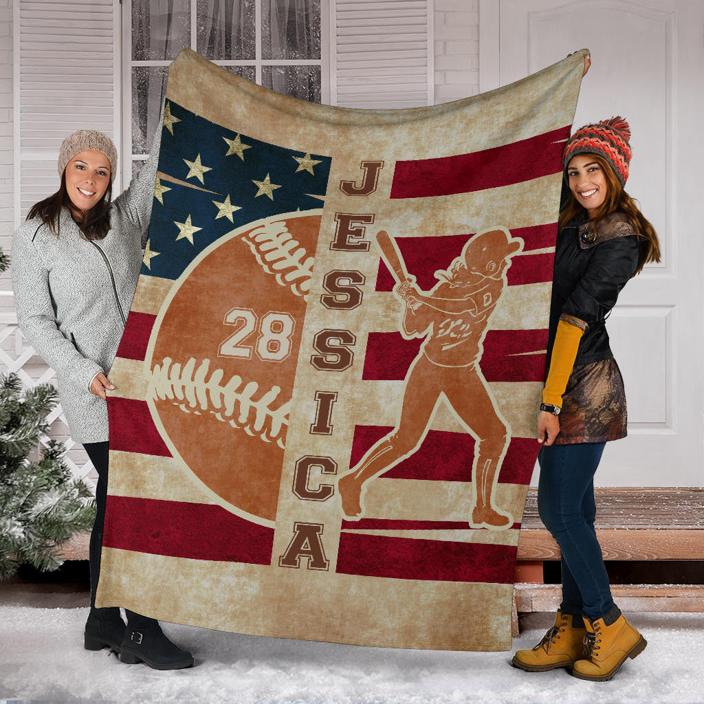 Personalized Softball Girl Blanket, Gift for Daughter Softball Lovers US Flag Sherpa Fleece Blanket BD0081