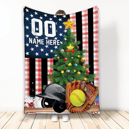 Personalized Softball Blanket, US Flag Softball Sherpa Fleece Blanket for Softball Palyers BD0082