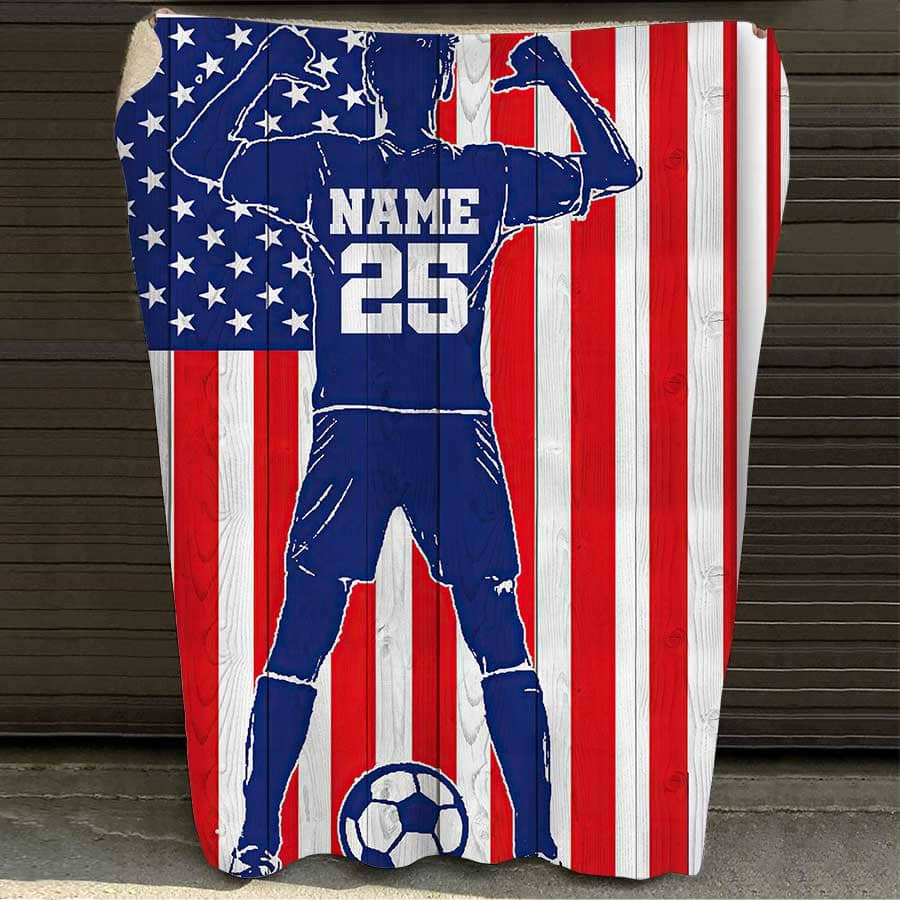 Personalized Soccer Blanket, Custom Name Soccer Fleece and Sherpa Blanket, Gift for Son, Dad, Soccer Players BD0015