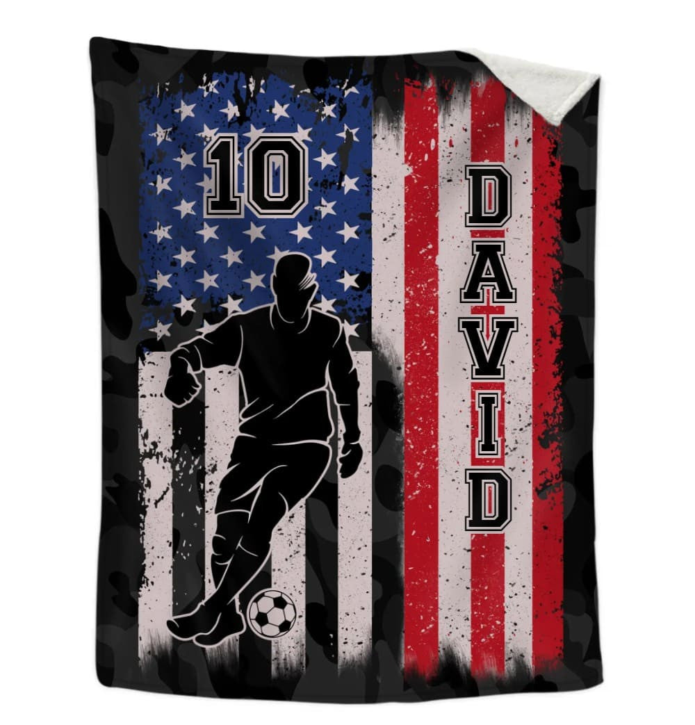 Personalized Soccer Blanket, Custom Name Soccer Fleece and Sherpa Blanket, Gift for Son, Dad, Soccer Players BD0015
