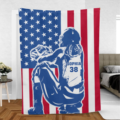 Personalized Softball Girl Blanket, Gift for Daughter Softball Lovers US Flag Sherpa Fleece Blanket BD0081