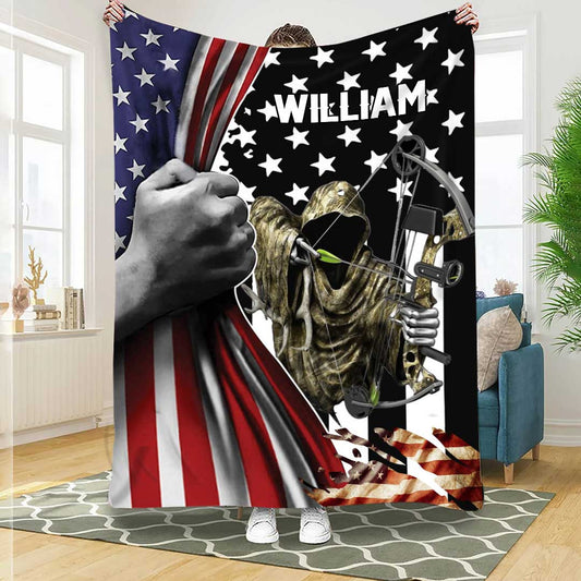 Personalized Death Archery American Flag Throw Blanket for Archery Lovers, Gift for Husband Archery Fleece Sherpa Blanket BD0088