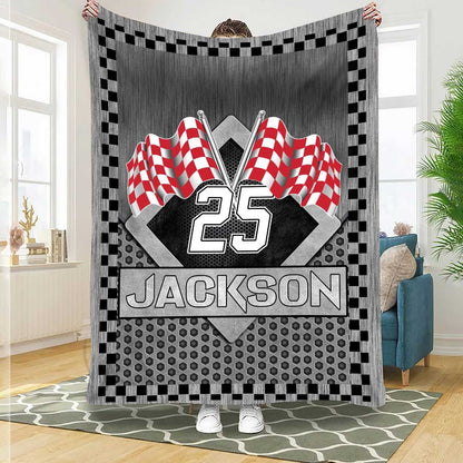 Customized Racer Blanket, Checkered US Flag Racing Dirt Track Racing Blanket Team Gift BD0090