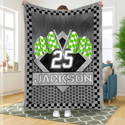 Customized Racer Blanket, Checkered US Flag Racing Dirt Track Racing Blanket Team Gift BD0090