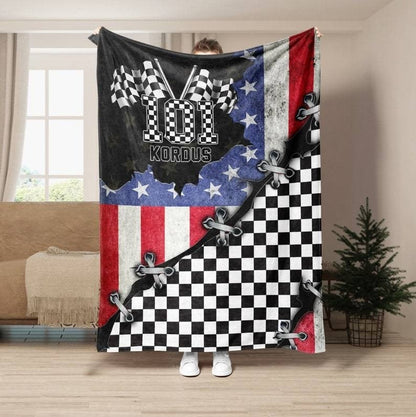 Customized Racer Blanket, Checkered US Flag Racing Dirt Track Racing Blanket Team Gift BD0090