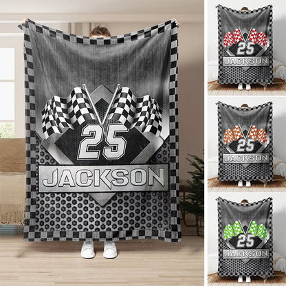 Customized Racer Blanket, Checkered US Flag Racing Dirt Track Racing Blanket Team Gift BD0090