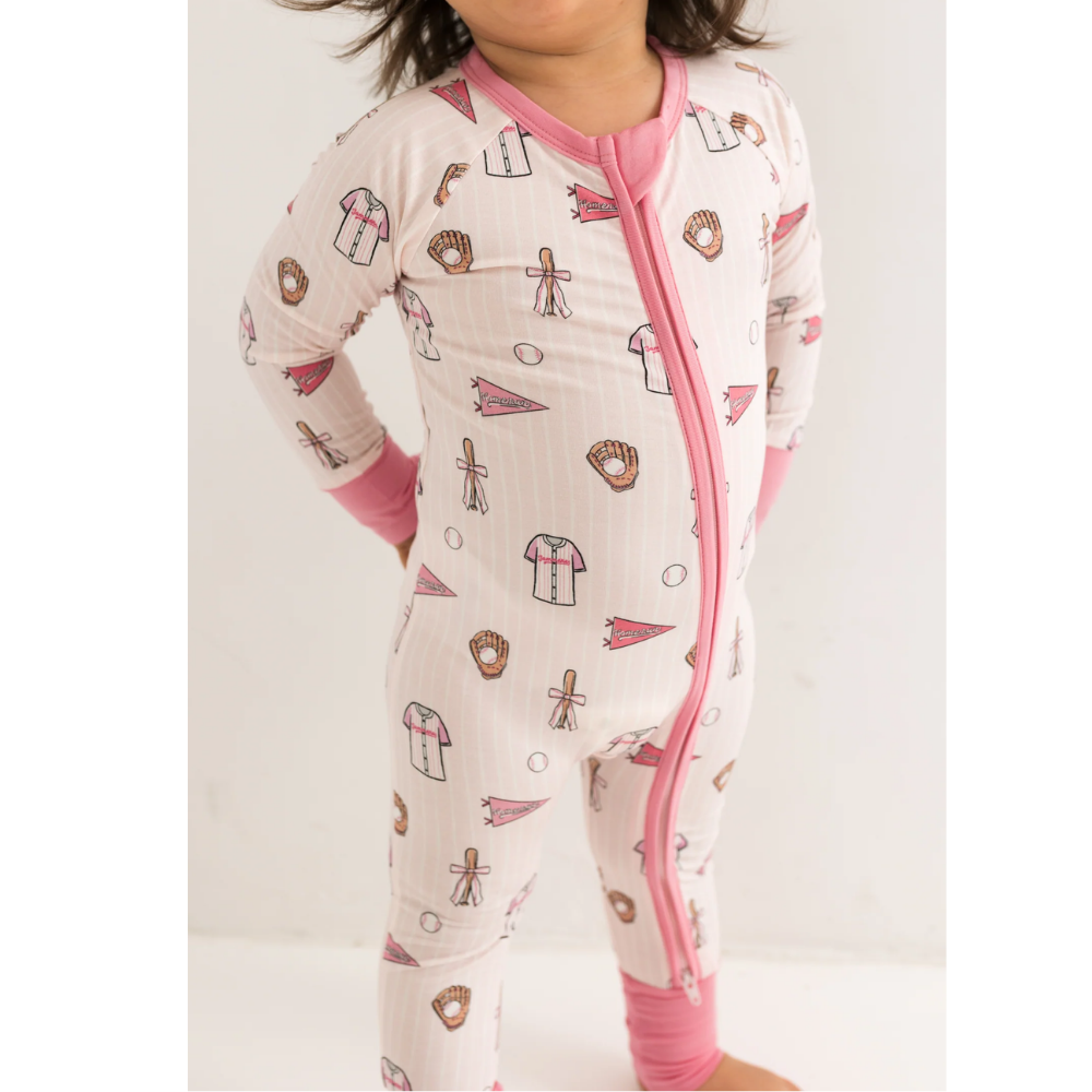 Baseball Pink Baby Girl Convertible Zippy Romper, Baby Baseball Romper Convertible BB0727