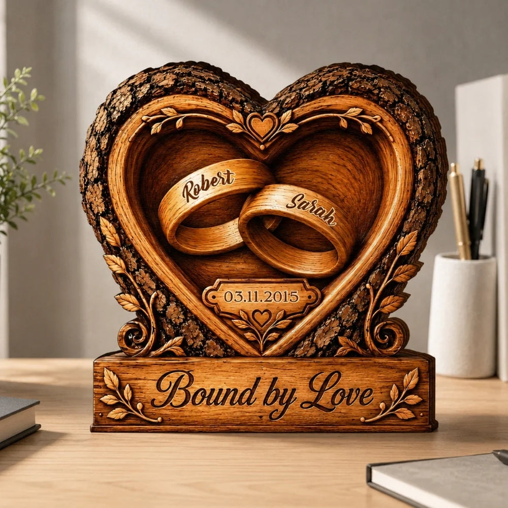 Bound By Love Custom Rings Heart Couple Wooden Plaque, Custom Wedding Wooden Block WD0809