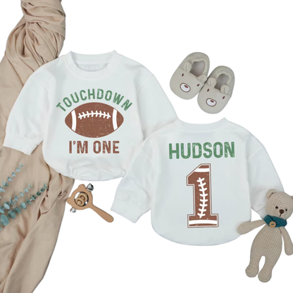 Custom Touchdown I'm One Baby Football Romper Sweater, Custom Football 1st Birthday Baby Romper Sweatshirt BB0279