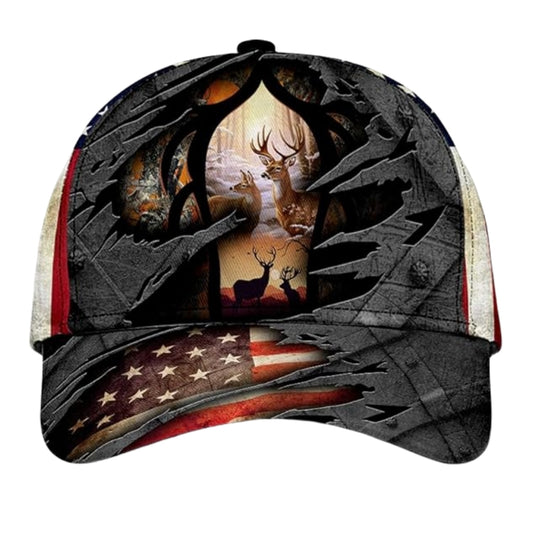 Buck And Doe US Flag Deer Hunting Baseball Cap, 3D Printed Deer Caps Hats For Hunter CP0234