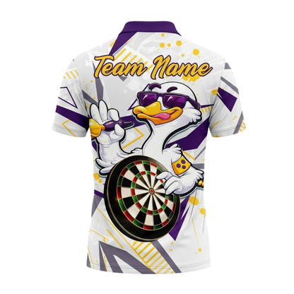 Custom Duck Funny Men's White Purple Darts Polo Shirt, Custom Duck Team Dart Shirts DE0106