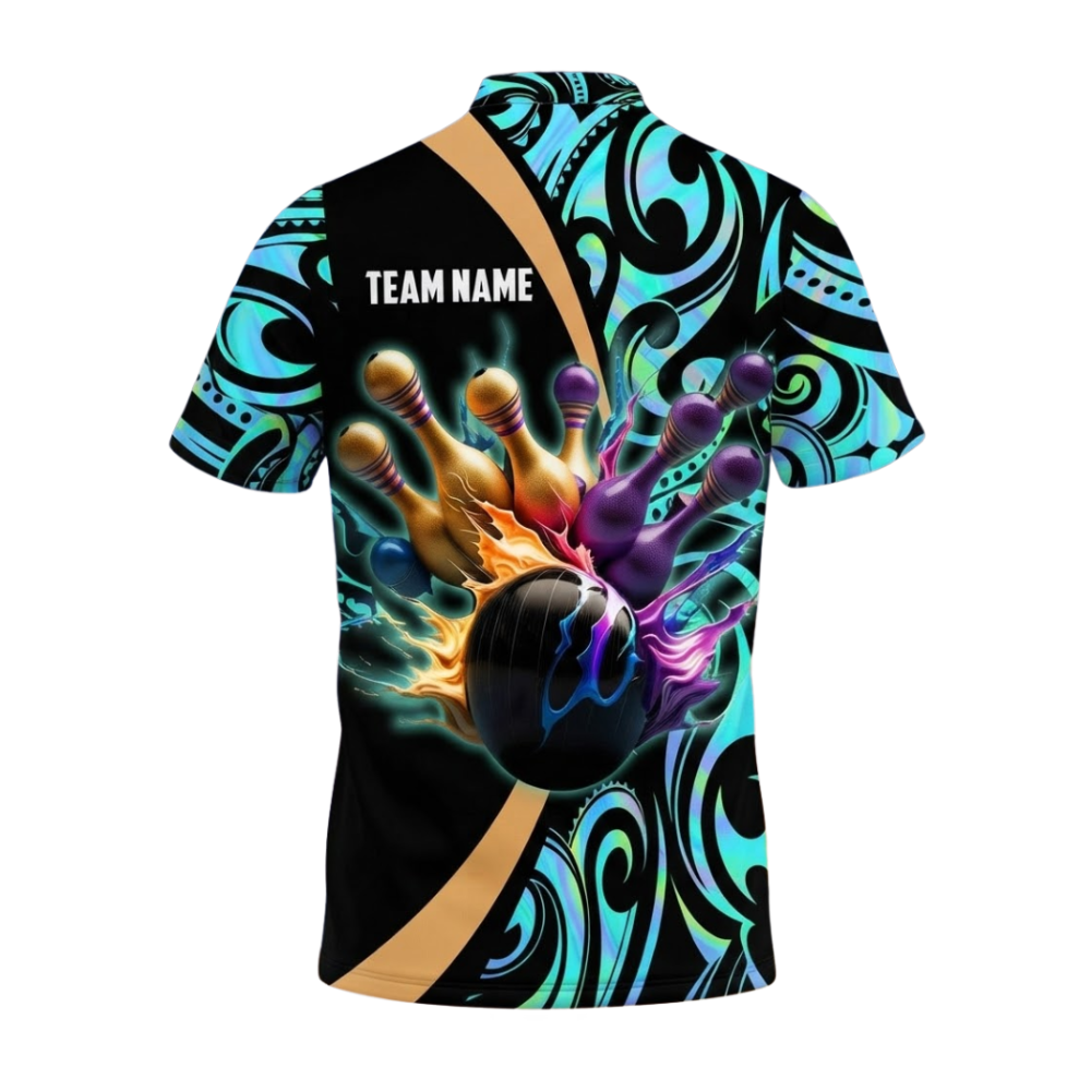 Custom Cyan Tribal Gold Pins Bowling Polo Shirt For Men, Custom Tribal Bowling Team Shirts BZ0803