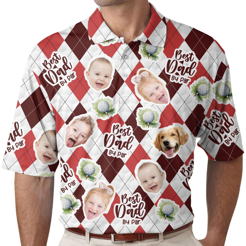 Best Dad By Par Custom Kid And Pet Faces Argyle Golf Polo Shirt Men, Custom Father's Day Golf Shirt For Dad With Phot GE0450