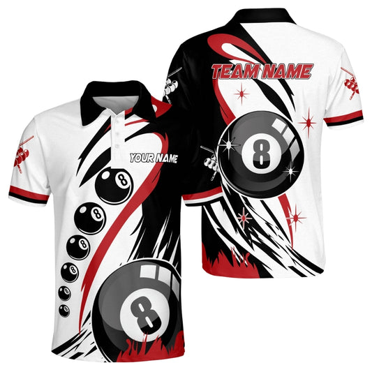 Custom Team White And Red 8 Ball Billiard Polo Shirt Mens, Custom Pool Billiard Team Shirt BIZ0017