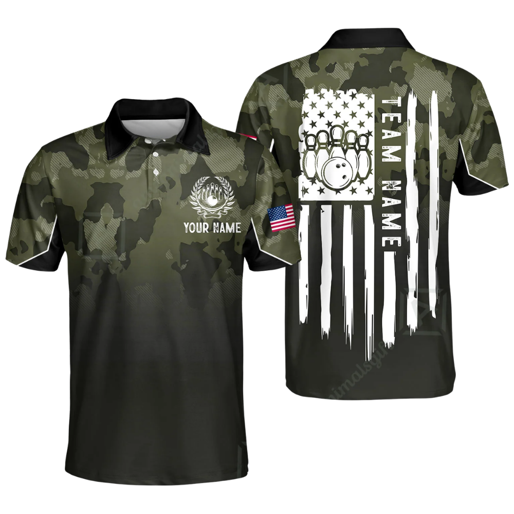 Custom Camouflage USA Flag Bowling Mens Polo Shirt, Custom Camo Bowling Team Shirts BZ0610