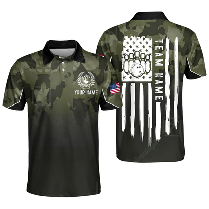Custom Camouflage USA Flag Bowling Mens Polo Shirt, Custom Camo Bowling Team Shirts BZ0610