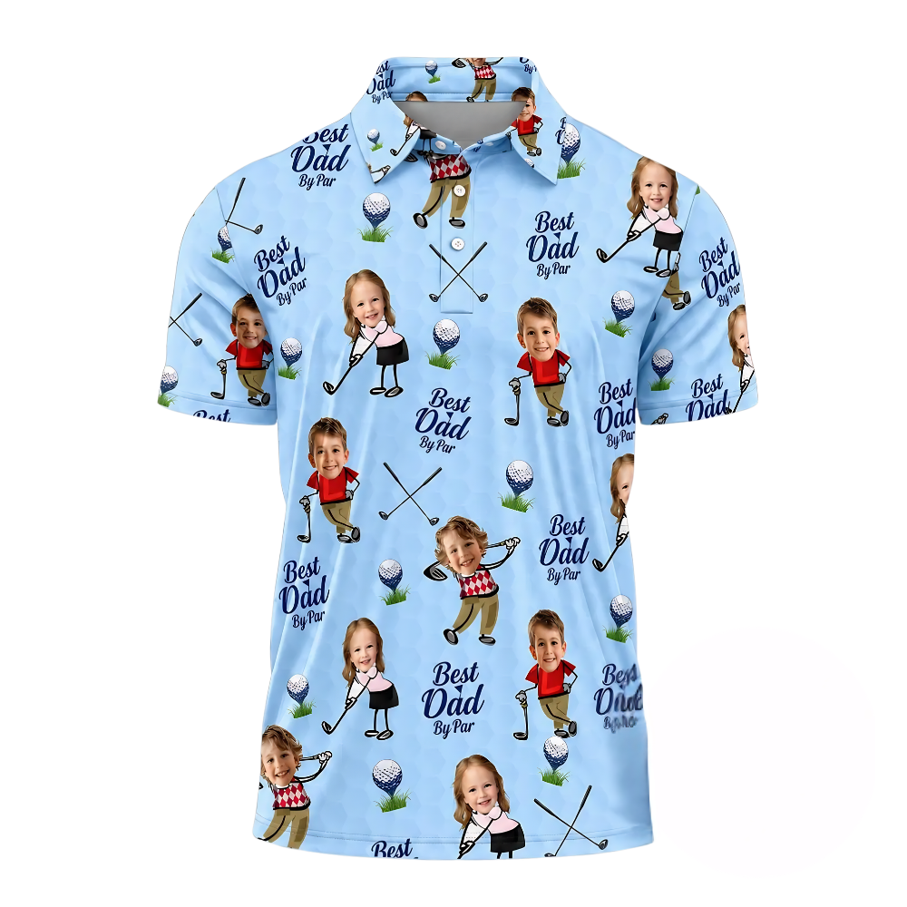 Best Dad By Par Custom Kid Face Golf Men Polo Shirt, Custom Photo Father's Day Golf Shirts GE0443