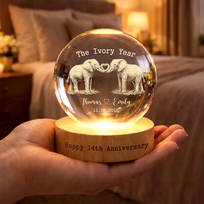 The Ivory Year Custom Elephant Couple Crystal Ball Led Night Light, Custom 14th Wedding Anniversary Night Light WD0847