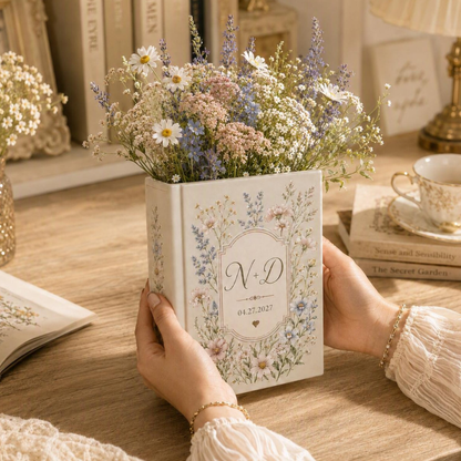 Custom Monogram Couple Name Initials Flower Wedding Engagement Ceramic Book Vase, Custom Floral Wedding Book Vase WD0593