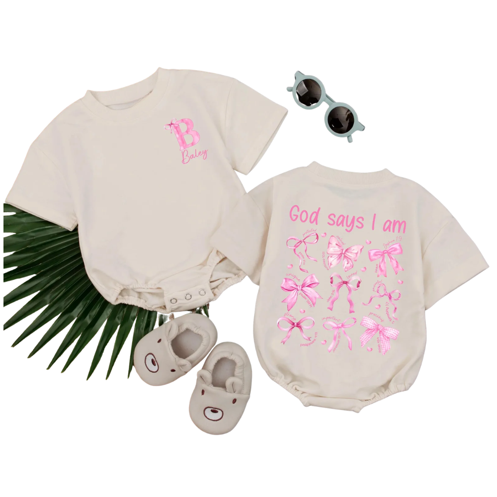 Custom Baby Name God Say I Am Pink Coquette T Shirt Romper, Custom Bible Verse Christian Baby Girl Romper BB0295