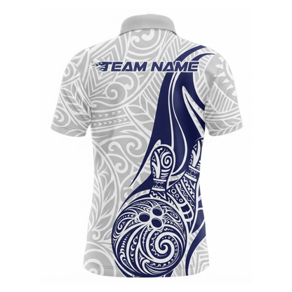 Custom Tribal Blue And White Bowling Mens Polo Shirt, Custom Tribal Bowling Team Shirt BZ0515