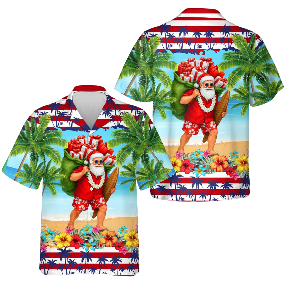 Santa Patriotic Tropical Beach Hawaiian Shirt For Men Women, Christmas In July Hawaiian Shirts HE0462