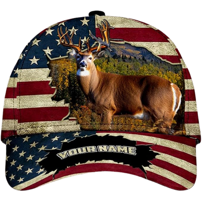 American Flag Custom Name Deer Baseball Cap, Custom Deer Caps For Hunters CP0523