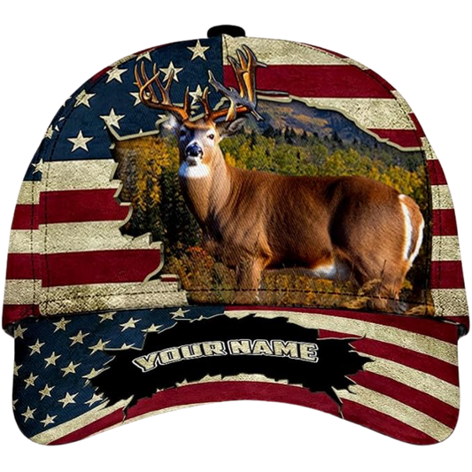American Flag Custom Name Deer Baseball Cap, Custom Deer Caps For Hunters CP0523