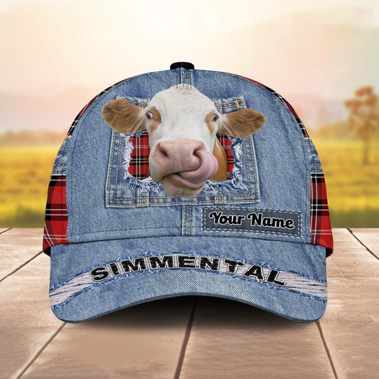 Simmental Overall Jeans Pattern And Red Caro Pattern Customized Name Cap CA0102