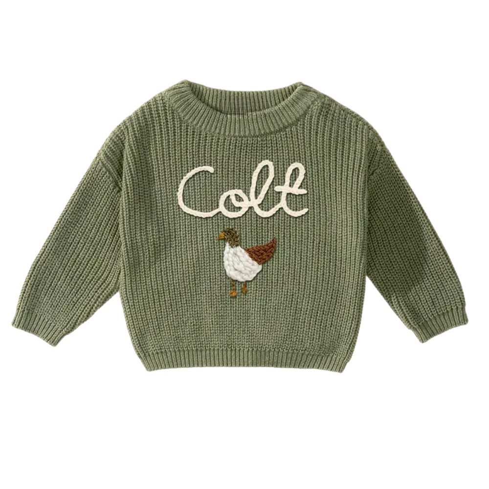 Custom Name Mallard Duck Baby Embroidered Sweater, Personalized Hand Embroidered Duck Sweater For Baby BB0122