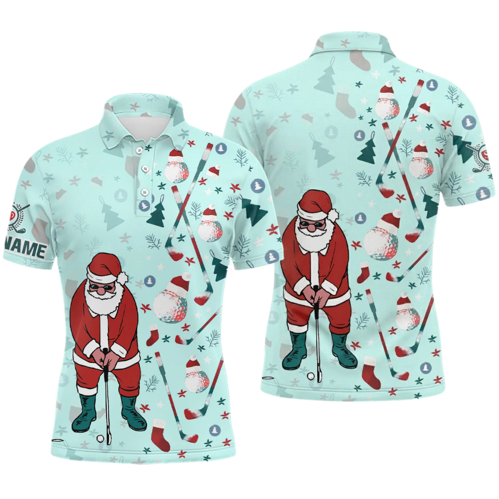 Custom Santa Golfing Men's Light Blue Golf Polo Shirt, Custom Christmas Golf Shirt With Name GZ0339