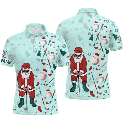 Custom Santa Golfing Men's Light Blue Golf Polo Shirt, Custom Christmas Golf Shirt With Name GZ0339