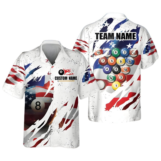 Custom White USA Flag Billiard Hawaiian Shirt For Mens, Custom Team Patriotic Billiard Shirts BIE0029