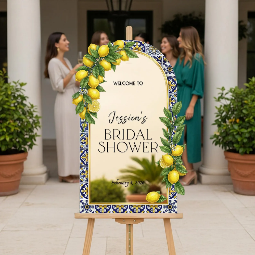 Personalized Lemon Blue Tiles Bridal Shower Welcome Mirror Acrylic Sign, Custom Lemon Bridal Shower Sign WD0725