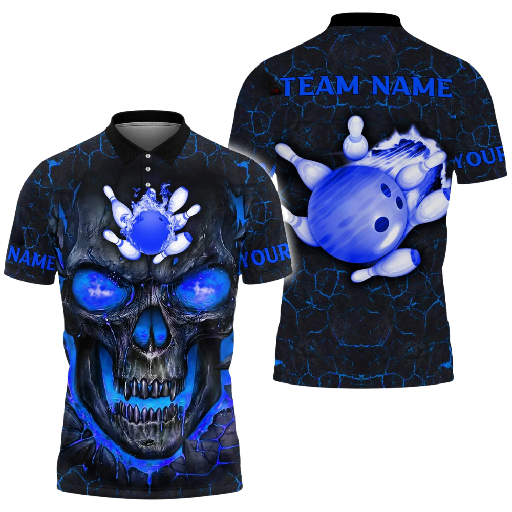 Custom Skull Bowling Polo Shirt For Men, Custom Flame Skull Bowling Shirt Team BZ0621
