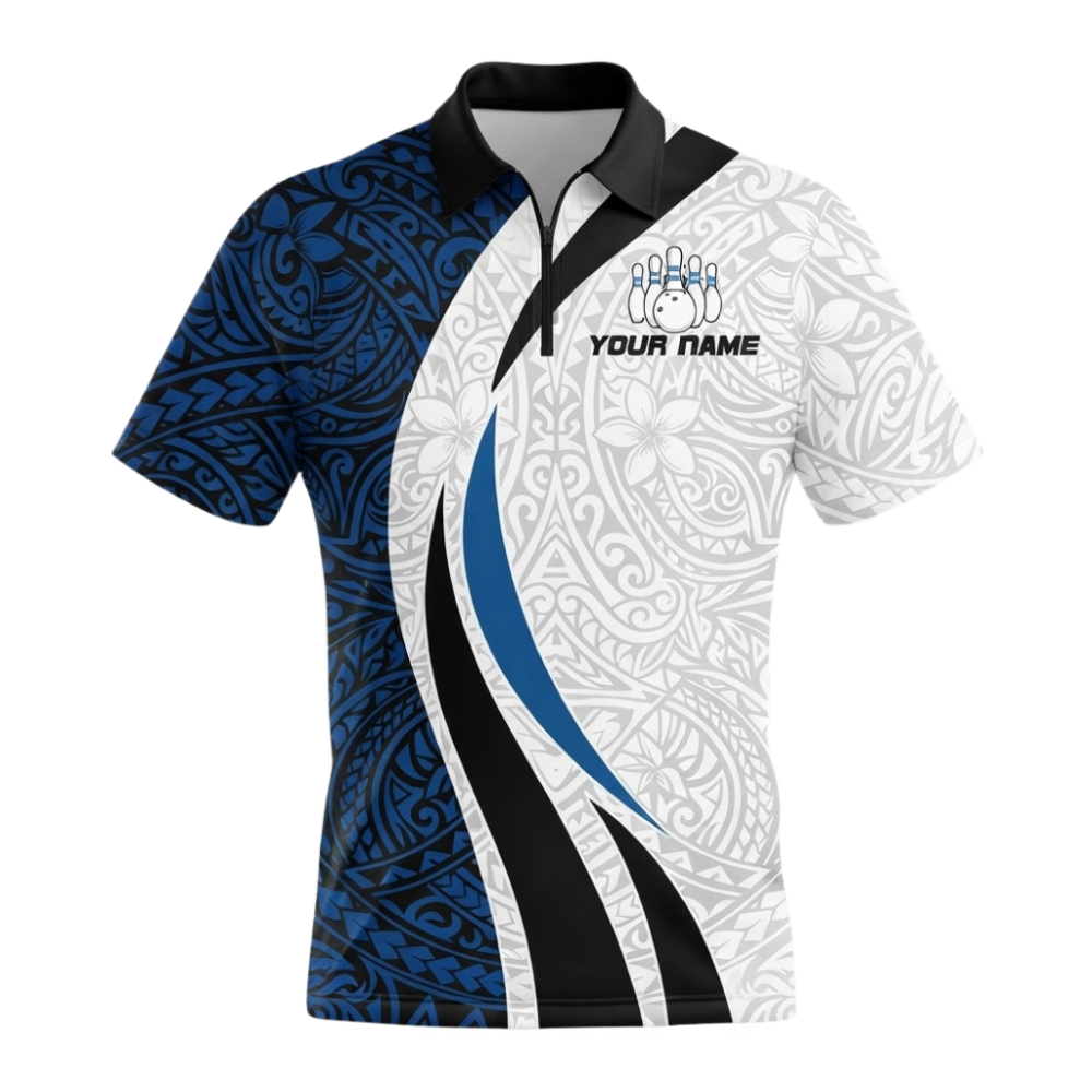 Custom Tribal Blue And White Flower Bowling Jersey For Men, Custom Tribal Bowling Team Shirts BZ1046