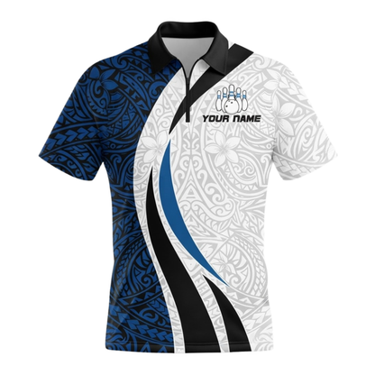 Custom Tribal Blue And White Flower Bowling Jersey For Men, Custom Tribal Bowling Team Shirts BZ1046