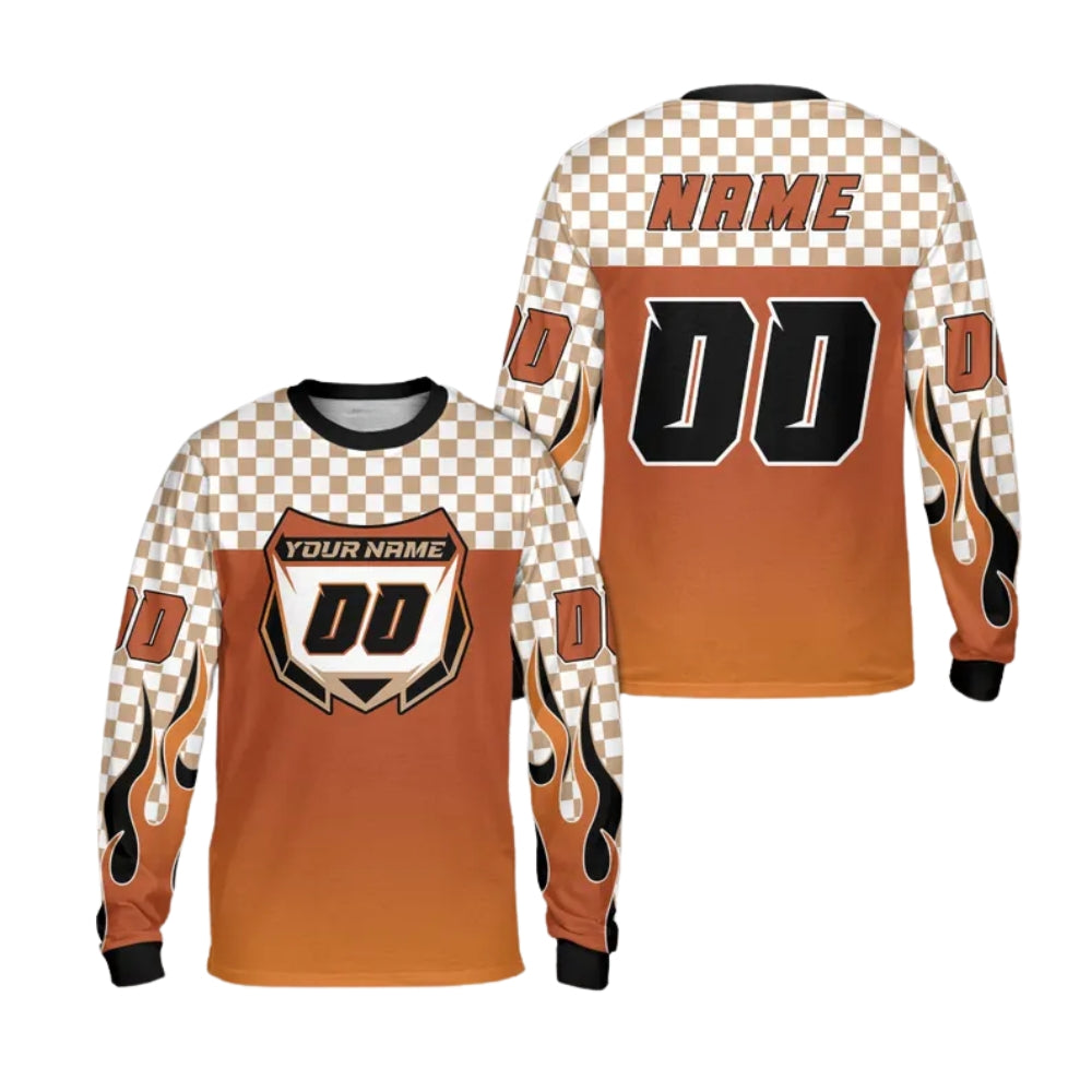 Custom Checkered Gradient Flame Long Sleeve Dirt Bike Jersey For Men, Custom Checkered Dirt Bike Shirts ME0023