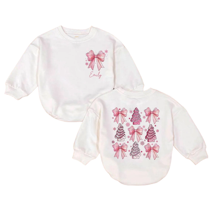 Personalised Pink Coquette Bow Christmas Baby Romper Sweatshirt, Custom Christmas Baby Romper Sweatshirt BB0018