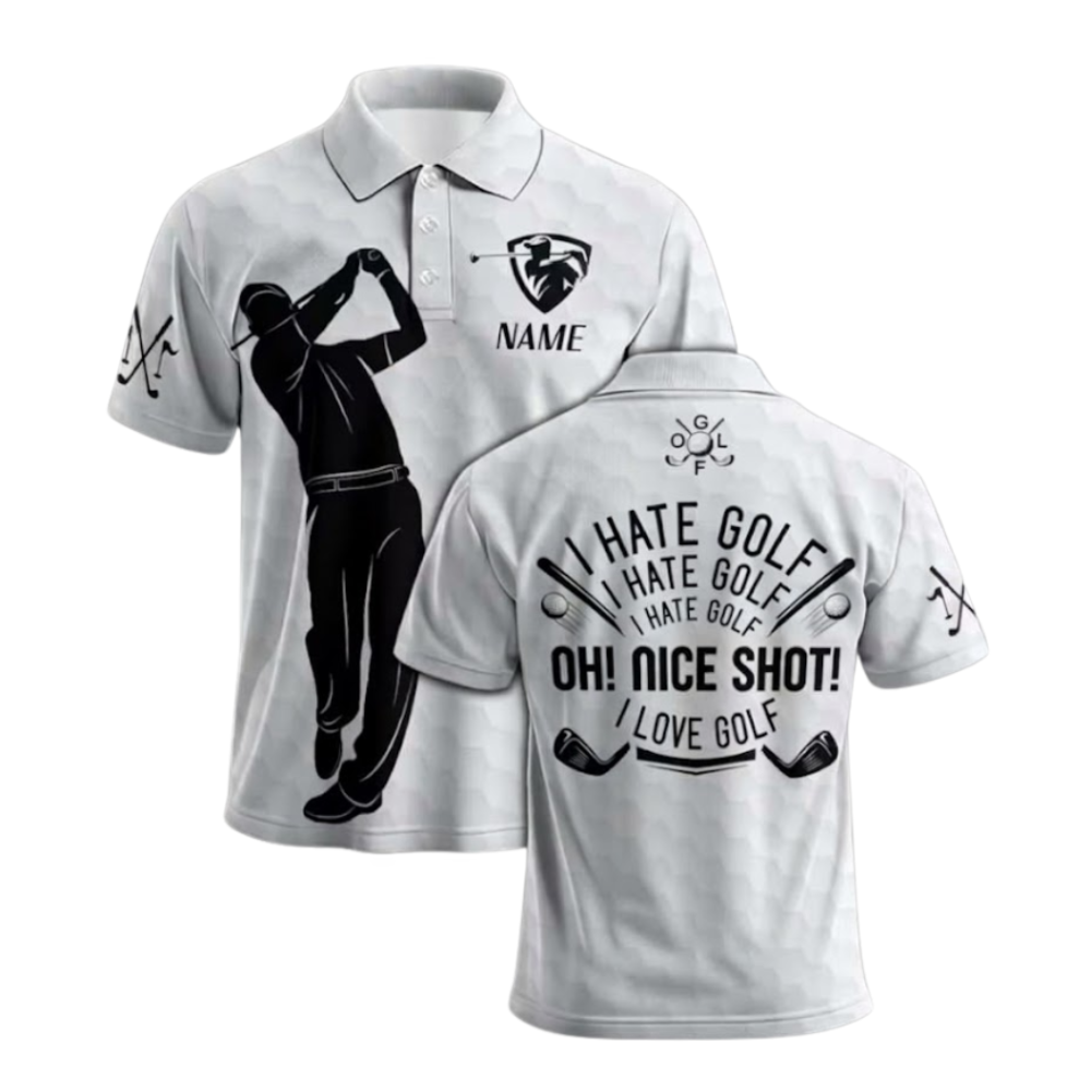 I Hate Golf Nice Shot I Love Golf Personalized Black White Golf Polo Shirts For Mens, Custom Funny Golf Shirt GU0005