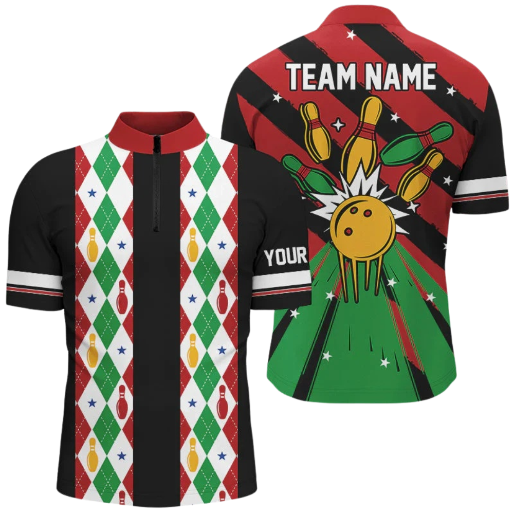 Custom Mens Argyle Christmas Bowling Jersey Red Green Black, Custom Xmas Bowling Team Shirts BZ0615